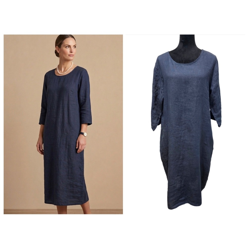 Chocolate Preppy Linen Midi Dress Womens One Size Navy Blue Italian Shift Dress